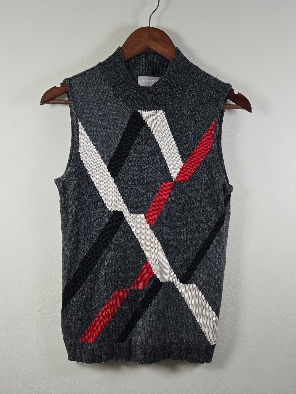 Vintage Liz Claiborne Geometric Wool Blend Sweater Vest in Gray Size Medium